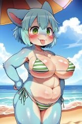 1girls :3 :p ai_generated anthro arms_behind_back beach bikini bikini_bottom bikini_top blue_fur blue_hair blue_sky blush cat_ears chubby chubby_anthro chubby_female clouds fat furry green_bikini green_eyes hi_res island large_breasts nipple_bulge nipples original_character sand solo standing tagme tears thick_thighs tight_clothing tongue_out two_tone_fur umbrella waves white_bikini white_fur