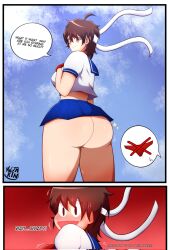 1girls ass big_ass big_breasts bottomless bottomless_skirt brown_eyes brown_hair comic dialogue embarrassed english_text female miniskirt no_panties sailor_uniform sakura_kasugano school_uniform skirt street_fighter thick_ass thick_thighs tomboy yultarinn