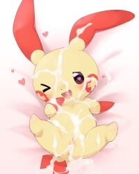 absurd_res anus bodily_fluids cotora cum female feral_only generation_3_pokemon genital_fluids genitals hi_res nintendo no_humans one_eye_closed plusle pokemon pokemon_(species) pussy solo spread_legs spreading