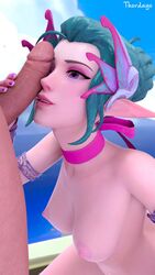 1boy 1girls 3d areolae breasts erection female male mercy nipples nude overwatch partial_male penis penis_on_face sugar_plum_fairy_mercy thordayo