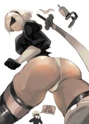 1boy 1girls ass da_h00t english_text female female_focus high_resolution looking_at_viewer nier:_automata text thighhighs thighs very_high_resolution yorha_2b yorha_9s