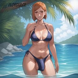 1futa ai_generated balls beach bikini brown_eyes brown_hair bulge covered_penis flaccid flaccid_penis flordulce full-package_futanari futa_only futanari jujutsu_kaisen kugisaki_nobara ocean outdoors palm_tree penis pubic_hair pubic_hair_peek seductive seductive_look seductive_smile solo_futa standing standing_in_water testicles water