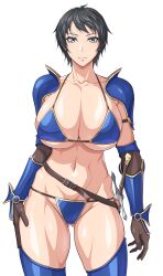 1girls armor big_breasts bikini_armor black_hair blue_eyes breasts busty cleavage female female_only gloves hand_on_hip highres large_breasts legs looking_at_viewer navel original ozucat pose posing seductive_smile sensual short_hair smile solo sword thick_thighs thighs tomboy toned voluptuous weapon