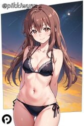 ai_generated arms_behind_back ass_visible_through_thighs bangs bare_shoulders bikini black_bikini blush breasts brown_eyes brown_hair cleavage closed_mouth collarbone cowboy_shot female halterneck koe_no_katachi long_hair looking_at_viewer medium_breasts navel nishimiya_shouko pikkiwynn shooting_star side-tie_bikini_bottom sky smile solo star_(sky) starry_sky stomach string_bikini swimsuit thigh_gap