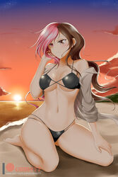 alternate_costume bare_legs bare_shoulders barefoot beach bikini black_bikini black_swimsuit blush breasts brown_eyes brown_hair cloud collarbone eyebrows_visible_through_hair female female_only floating_hair full_body grin hand_on_own_leg hand_on_own_thigh hand_up heterochromia kimmy77 large_breasts legs long_hair looking_away midriff multicolored_hair navel neck neo_(rwby) ocean off_shoulder outdoors parted_lips pink_eyes pink_hair rwby sand sea seiza sitting sky smile solo sun sunset swimsuit two_tone_hair water