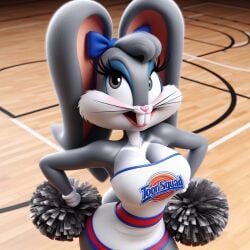 1girls ai_generated basketball_court basketball_uniform big_breasts bimbofication breasts bugs_bunny busty cheerleader clothing edited female furry looney_tunes mtf_transformation pom_poms rule_63 space_jam