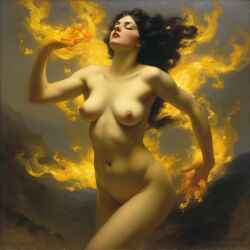 ai_generated belly black_hair breasts burning closed_eyes curvaceous curvy dancing fire long_hair medium_breasts navel nipples nude pyrokinesis seductress william_bouguereau