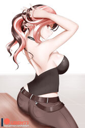 alternate_costume ass back bare_arms bare_back bare_shoulders belt black_corset blush breasts brown_belt brown_hair brown_pants cleavage corset female female_only jewelry kimmy77 large_breasts long_hair looking_at_viewer looking_back midriff multicolored_hair neck necklace neo_(rwby) pants parted_lips pink_eyes pink_hair ponytail rwby sideboob sitting sitting_on_table solo strapless table two_tone_hair tying tying_hair white_background