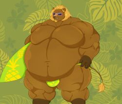 animal_crossing anthro baobaopanda belly big_breasts breasts bud_(animal_crossing) clothed clothing featureless_breasts male musclegut muscular nintendo obese obese_male overweight overweight_male solo speedo speedo_only swimwear thick_thighs topless