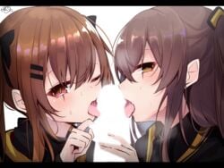 2girls bangs black_bow black_jacket bow brown_eyes brown_hair censored collaborative_fellatio fellatio foreskin_play girls'_frontline hair_ornament hairbow hairclip highres jacket letterboxed licking light_censor long_hair long_sleeves looking_at_viewer multiple_fellatio multiple_girls open_mouth oral penis ramchi red_eyes sweat teamwork tongue tongue_in_foreskin tongue_out twintails ump45_(girls'_frontline) ump9_(girls'_frontline) upper_body