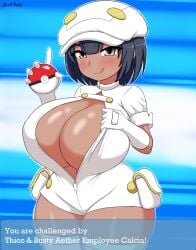 aether_foundation_employee aether_foundation_employee_(female) big_breasts blue_hair boob_window calcia dark-skinned_female dark_skin gray_eyes huge_breasts latina pokemon pokemon_sm pokemon_trainer soulkibble thick_thighs