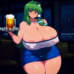 1girls 2d ai_generated areolae areolae_slip bar bare_shoulders barely_contained big_breasts blue_eyes blush breasts cameltoe cleavage crop_top female green_hair hair_clip hair_tube hips huge_breasts indoors large_breasts long_hair looking_at_viewer night nipple_bulge nipples nipples_visible_through_clothing sanae_kochiya serving_drink shiny_skin shrine_maiden skirt smakiel smile solo thick_thighs thighs touhou wide_hips