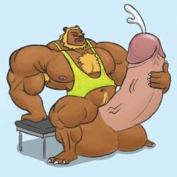 1:1 animal_crossing anthro armpit_hair balls big_balls big_muscles big_penis bodily_fluids body_hair bud_(animal_crossing) chest_hair cum felid genital_fluids genitals gym happy_trail hi_res huge_balls huge_cock huge_muscles hyper hyper_balls hyper_genitalia hyper_muscles hyper_penis lion male mammal masturbation muscular nintendo pantherine penis peroneus solo solo_focus