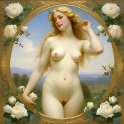 ai_generated belly blonde_hair blue_eyes breasts curly_hair curvy female flower flowers lips long_hair medium_breasts navel nipples nude presenting pubic_hair realistic rose_(flower) smile solo white_rose william_bouguereau