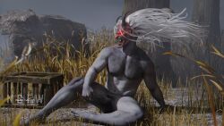 1boy 3d azog3d bara dbd dead_by_daylight demon erection kazan_yamaoka male_focus male_only muscle penis presenting sitting solo the_oni_(dbd)