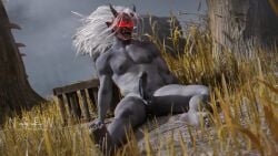 1boy 3d azog3d bara dbd dead_by_daylight demon erection kazan_yamaoka male_focus male_only mask muscular nude penis solo the_oni_(dbd)