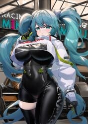 1girls background big_breasts blue_eyes blue_hair bodysuit bodysuit_under_clothes female female_only hatsune_miku jacket racing_miku thick_thighs twintails vocaloid