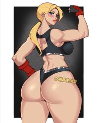 1girls 2024 ass blonde_hair blue_eyes blush cammy_white capcom commission female female_only fingerless_gloves flexing_bicep hand_on_hip hi_res jakuson_z long_hair looking_at_viewer looking_back looking_back_at_viewer ponytail rear_view solo sports_bra sportswear street_fighter thick_ass thick_thighs toned toned_female