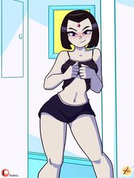 black_hair blush clothed color dc dc_comics female female_only furboz navel pale_skin purple_eyes rachel_roth raven_(dc) shirt_lift short_shorts solo teen_titans teen_titans_go