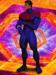 abs biceps big_penis bulge clothed drawnpr0n flaccid hispanic hispanic_male huge_cock latino male male_only marvel miguel_o'hara muscles muscular muscular_male pecs penis solo solo_male spider-man spider-man:_across_the_spider-verse spider-man_(series) spider-man_2099 superhero