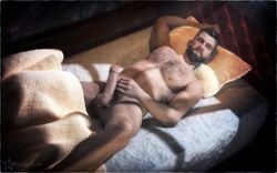 1boy 3d balls bed blender boner chest_hair erection f0-star hairy_chest jonathan_reid lying male_only on_bed penis pillow testicles vampyr