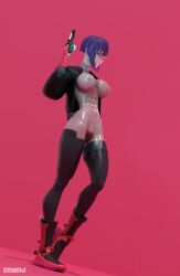 3d abs areolae big_breasts bodysuit breasts busty clitoral_hood clitoris cropped_jacket erect_clitoris erect_nipples female female_focus female_only ghost_in_the_shell gun hairless_pussy hourglass_figure jacket kusanagi_motoko labia large_breasts navel nipple_bulge nipples pink_eyes pistol purple_hair pussy see-through see-through_clothing shaved_pussy short_hair skin_tight tagme thigh_boots toned toned_female vagina wide_hips zedeki