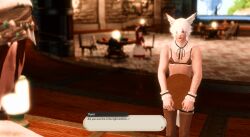 blush crossdressing embarrassed femboy ffxiv final_fantasy_xiv hiding_erection male miqo'te public