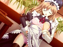 1boy bra brown_hair closed_eyes clothing female fingering game_cg haniu_mao maid miageta_sora_ni_ochiteiku odawara_hakone panties underwear