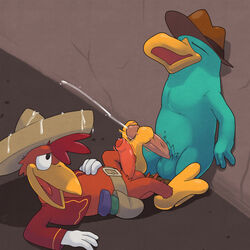 2boys anal_masturbation anthro anthro_on_anthro argon_vile avian balls barefoot beak belt bird bottomless closed_eyes clothed clothing crossover cum cum_dripping cum_on_hat cumshot dildo dildo_in_ass disney double_dildo ejaculation erection foot_fetish footjob fur gay gloves hat hi_res humanoid_penis lying_on_back male male_only mammal masturbating_other monotreme nude on_back on_ground open_mouth orgasm orgasm_face panchito_pistoles partially_retracted_foreskin penis perry_the_platypus phineas_and_ferb pink_penis platypus red_penis sex sex_toy smile sombrero standing the_three_caballeros tongue uncut vein veiny_penis vest yaoi