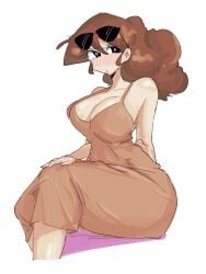 1girls ahoge black_eyes blush blush_lines blushing breasts brown_dress brown_hair brunette_hair cleavage crayon_shin-chan dress female fluffy_hair large_breasts leebongchun mature mature_female milf misae_nohara mother portrait solo sunglasses sunglasses_on_head tight_clothing tight_dress