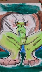 3_toes amphibian anthro big_feet blush_lines blushing feet female frog green-skinned_female green_body green_skin hi_res humanoid painting_(artwork) photo pink_feet red_face sofn54 spread_legs spreading swamp toes traditional_media_(artwork) tree_frog watercolor_(artwork) wet wet_body