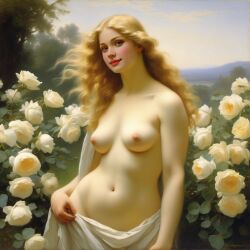 ai_generated belly blonde_hair blue_eyes breasts convenient_censoring curly_hair curvy female flower flowers lips long_hair medium_breasts navel nipples nude presenting realistic rose_(flower) smile solo white_rose william_bouguereau