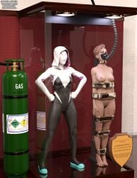 3d blonde_hair boun bound_arms bound_legs completely_nude completely_nude_female female female_only gwen_stacy mannequin marvel marvel_comics nude nude_female spider-gwen superhero superhero_costume superheroine thejpeger trophy_case unconscious unconscious_female