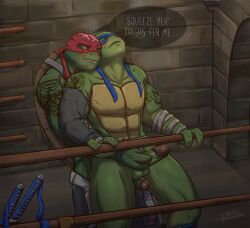 3_fingers abs anthro balls baraturts biceps blush brother_(lore) brothers_(lore) dialogue digital_media_(artwork) duo english_text erection female fingers foreskin genitals green_body hand_on_penis handjob hi_res humanoid_genitalia humanoid_penis ibou incest_(lore) leonardo_(tmnt) looking_pleasured male male/male mask melee_weapon muscular muscular_anthro muscular_male partially_retracted_foreskin pecs penile penis raphael_(tmnt) reptile scalie sex sibling_(lore) smile speech_bubble standing standing_sex sword tattoo teenage_mutant_ninja_turtles teenage_mutant_ninja_turtles_(2014) text thigh_sex turtle weapon
