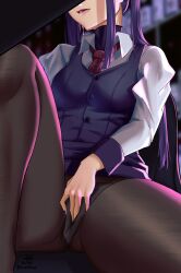 artist_name bar_(place) bartender biting_own_lip bl/ess female female_masturbation head_out_of_frame highres jill_stingray julianne_stingray long_hair long_sleeves masturbation masturbation_through_clothes nail_polish necktie pantyhose purple_hair purple_vest red_necktie shirt sidelocks signature sitting solo twintails twitter_username va-11_hall-a vest white_shirt