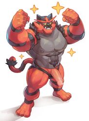 1boy abs anthro bara barazoku barefoot biceps blackmonster claws clothed clothing erection fangs feline flexing fur furry green_eyes huge_penis humanoid_penis incineroar looking_away male male_only mammal manly mostly_nude muscular muscular_male nintendo nipples pecs penis pink_penis pokémon_(species) pokemon pokemon_sm sharp_claws sharp_teeth simple_background smile solo standing teeth thick_thighs triceps underwear video_games white_background