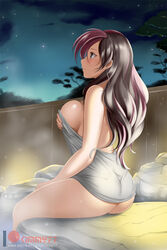 1girls ass bare_shoulders bath bathing blush breasts brown_eyes brown_hair cleavage closed_mouth cloud curvy expressionless female female_only gray_clothing gray_towel huge_breasts kimmy77 large_ass long_hair looking_up multicolored_hair naked_towel neo_(rwby) night night_sky nude onsen pink_hair rock rwby sideboob sitting sky solo star starry_sky steam towel tree two_tone_hair water