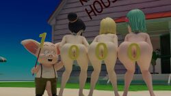 3d 3d_(artwork) 3girls android_18 anus bent_over big_ass big_butt blonde_hair blue_hair brown_hair brunette_hair bulma_briefs bulma_briefs_(frieza_saga) chichi dragon_ball dragon_ball_z female large_ass large_butt master_roshi milf oolong oolong_(dragon_ball) showing_ass showing_pussy spreading vagina