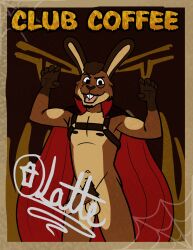 anthro autograph cape character_signature clothing fire genitals halloween harness hi_res holidays lagomorph latte_(lewd_latte) leporid lewd_latte male mammal nipples penis rabbit self_portrait sharp_teeth solo spider_web teeth