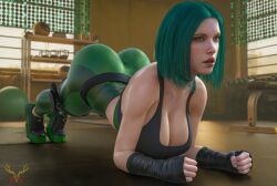 3d ass ass_focus ass_up belt bending_over big_breasts blue_eyes breast_focus breast_squeeze breasts curvy ela_(rainbow_six) gloves green_hair gun gym holster huge_breasts lips nyx34x rainbow_six_siege short_hair sports_bra sportswear sweat sweatdrop sweating thick thick_ass thick_thighs tight_clothing tight_fit working_out yoga_pants