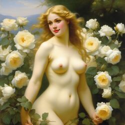 ai_generated belly blonde_hair blue_eyes breasts convenient_censoring curly_hair curvy female flower flowers lips long_hair medium_breasts navel nipples nude presenting realistic rose_(flower) smile solo white_rose william_bouguereau