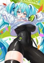 big_breasts blue_eyes blue_hair bodysuit bodysuit_under_clothes hatsune_miku jacket open_mouth racing_miku thick_thighs twintails vocaloid