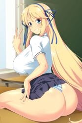 1girls ass big_butt blonde_hair butt classroom dumptruck_butt huge_breasts huge_butt katsuragi_(senran_kagura) large_butt lindaroze panties school_uniform schoolgirl_uniform senran_kagura sitting skirt solo v