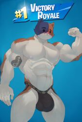 1boy 2024 :3 abs absurd_res anthro areola barazoku biceps big_bulge big_muscles blue_background blush bodily_fluids bulge clothed clothing deuzion domestic_cat dot_eyes dripping english_text epic_games eyebrows felid feline felis flexing fortnite fur genital_fluids heart_symbol hi_res jockstrap jockstrap_only looking_at_viewer male male_only mammal manly meowscles meowscles_(fortnite) muscular muscular_anthro muscular_male navel nipples obliques pecs precum precum_drip precum_through_clothing precum_through_jockstrap precum_through_underwear serratus simple_background smile solo standing tattoo text topless topless_anthro topless_male tuft underwear underwear_only versace victory_royale wet wet_clothing wet_jockstrap wet_underwear