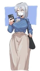 1girls blue_hair_tie blue_shirt blue_topwear breasts brown_skirt closed_eyes face_mask facemask female large_breasts leebongchun long_skirt long_sleeves low_ponytail mature mature_female milf mother phone ponytail purse shoulder_bag sleeves slit_eyes solo uzaki-chan_wa_asobitai! uzaki_tsuki white_hair