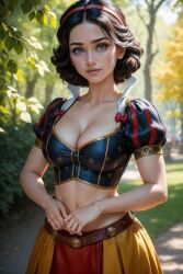 ai_generated bare_midriff cleavage disney hands_together leather_belt looking_at_viewer short_hair snow_white_(disney) snow_white_and_the_seven_dwarfs white_collared_shirt