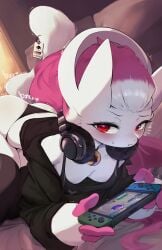 1girls 2023 absurd_res anthro blush breasts clothed clothing cute down_blouse female female_only fur game_console hair headphones legendary_pokemon looking_at_viewer mega_evolution mega_mewtwo mega_mewtwo_y mewtwo nintendo nintendo_console nintendo_switch nipple_slip nipples no_bra pink_hair playing_videogame pokemon pokemon_(species) pokemon_unite pokemorph red_eyes solo wardrobe_malfunction white_body white_fur yoru_vida