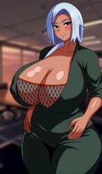 1girls assistant bare_chest bare_thighs bbw big_breasts blue_eyes breasts brown_skin child_bearing_hips clothed_female clothing dark-skinned_female dark_skin dress earrings female female_only fishnet_shirt fishnets fully_clothed green_dress hi_res huge_breasts large_hips legs_together lipstick long_hair mabui makeup mature mature_female mature_woman mesh mesh_shirt nail_polish naruto naruto_(series) naruto_shippuden no_bra office_lady pinup plump secretary shiny shiny_hair shiny_skin silver_hair solo thick_thighs tight_clothing voluptuous voluptuous_female wide_hips yisusplays