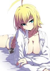 1girls ahoge blazblue blonde_hair blue_eyes braid braided_ponytail breasts es_(xblaze) hair_between_eyes hair_ornament kaname_nagi large_breasts long_hair long_sleeves looking_at_viewer lying_on_bed lying_on_stomach open_clothes simple_background white_background white_shirt xblaze