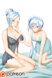 2girls all_fours babydoll bed blue_eyes blush breast_envy breast_grab breasts cleavage closed_mouth eyebrows_visible_through_hair eyes_visible_through_hair female female_only hair_bun hand_on_own_cheek hand_on_own_face incest kimmy77 large_breasts lingerie long_hair looking_at_another looking_at_breasts looking_at_viewer multiple_females multiple_girls negligee nightgown no_panties on_bed rwby see-through short_hair siblings silver_hair sisters sitting small_breasts smile weiss_schnee white_background winter_schnee yuri